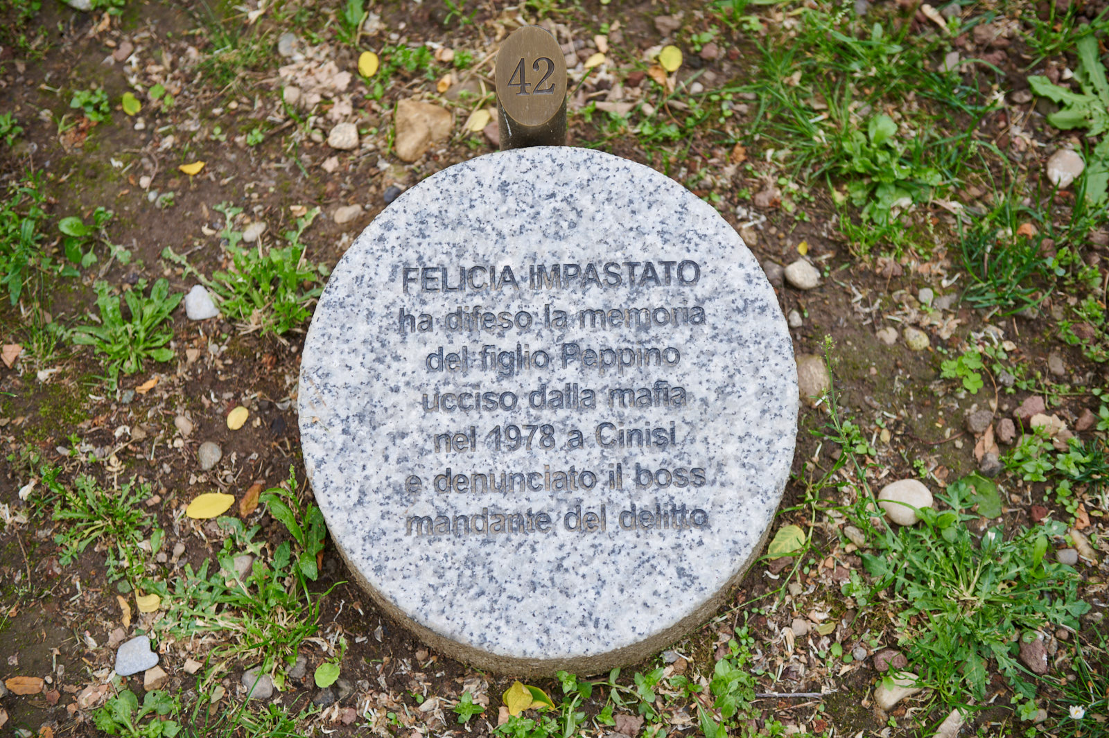 the stone dedicated to Felicia Impastato, mother of Peppino Impastato, at the Garden of the Righteous Worldwide of Milan